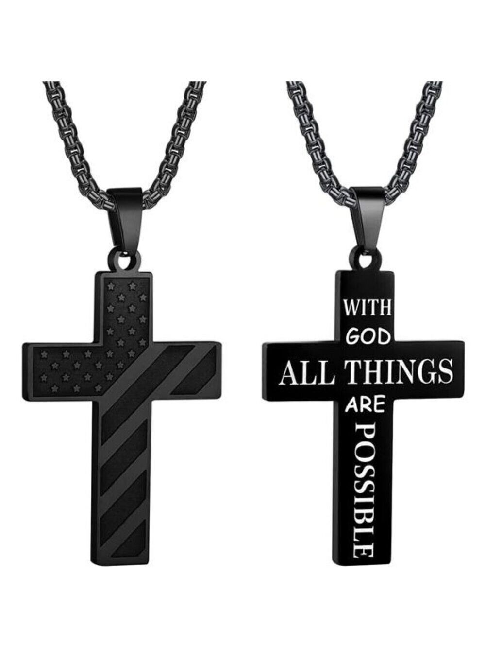 BLACK American Flag GOD Cross Necklace Men Stainless Steel Box Chain 22+2 inch